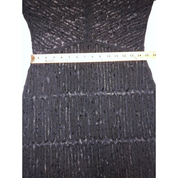 Black Beaded Sheer Mesh Dress Size M Long Sleeve Midi Sheath Goth Retro Whimsy - Picture 6 of 10